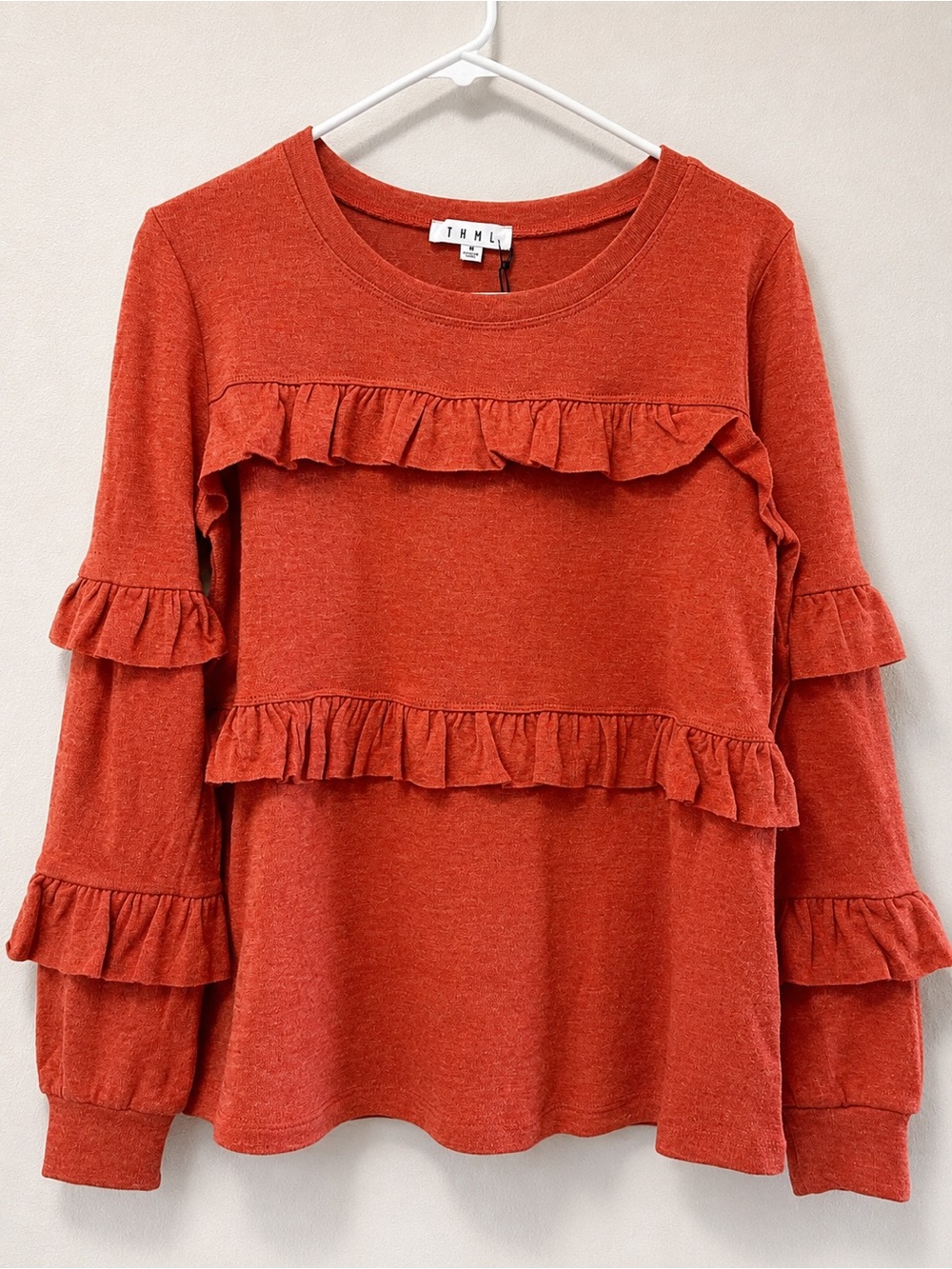 THML Burnt Orange Ruffle Long Sleeve Top